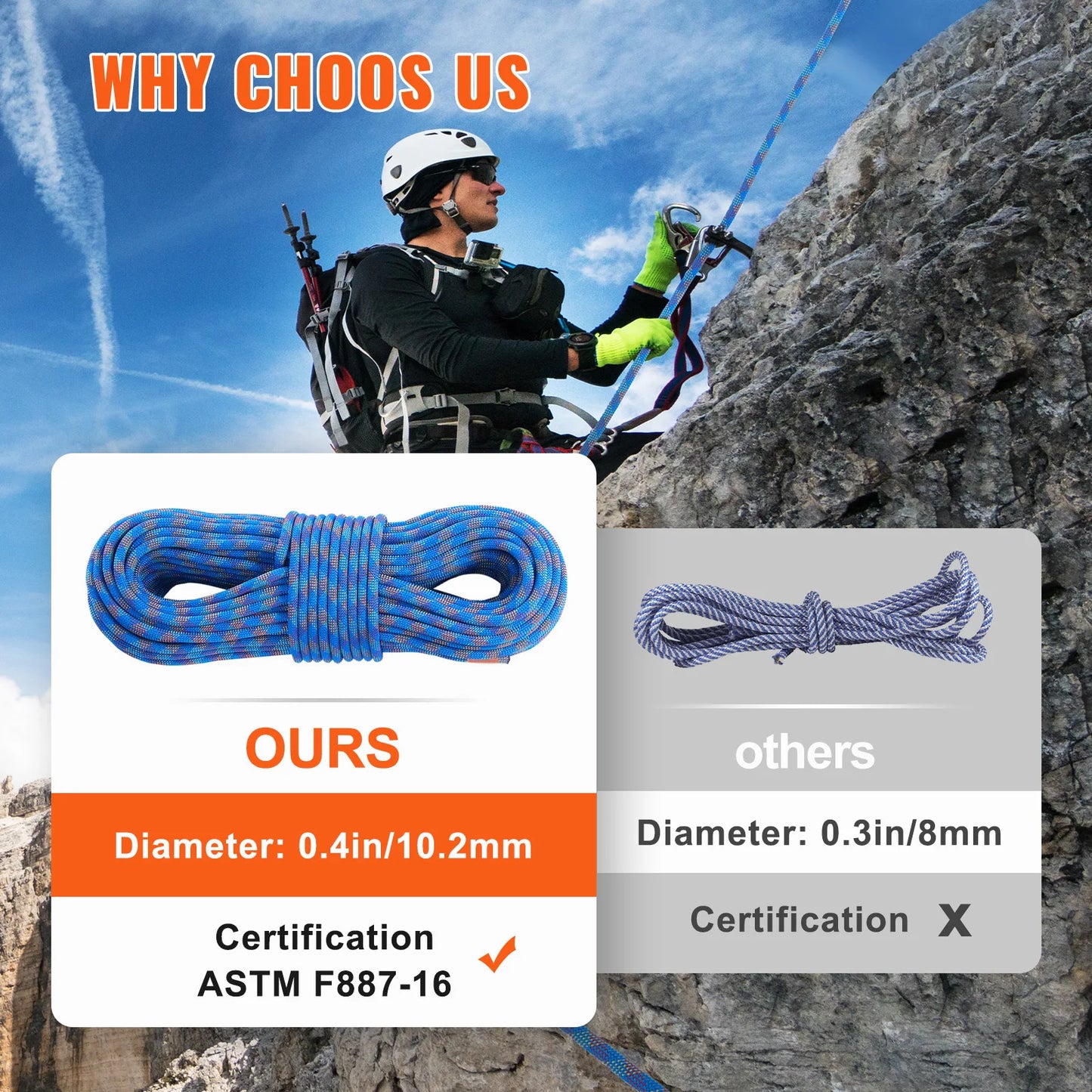 10.2mm Dynamic Climbing Rope 197ft with Hooks CE Certified Blue