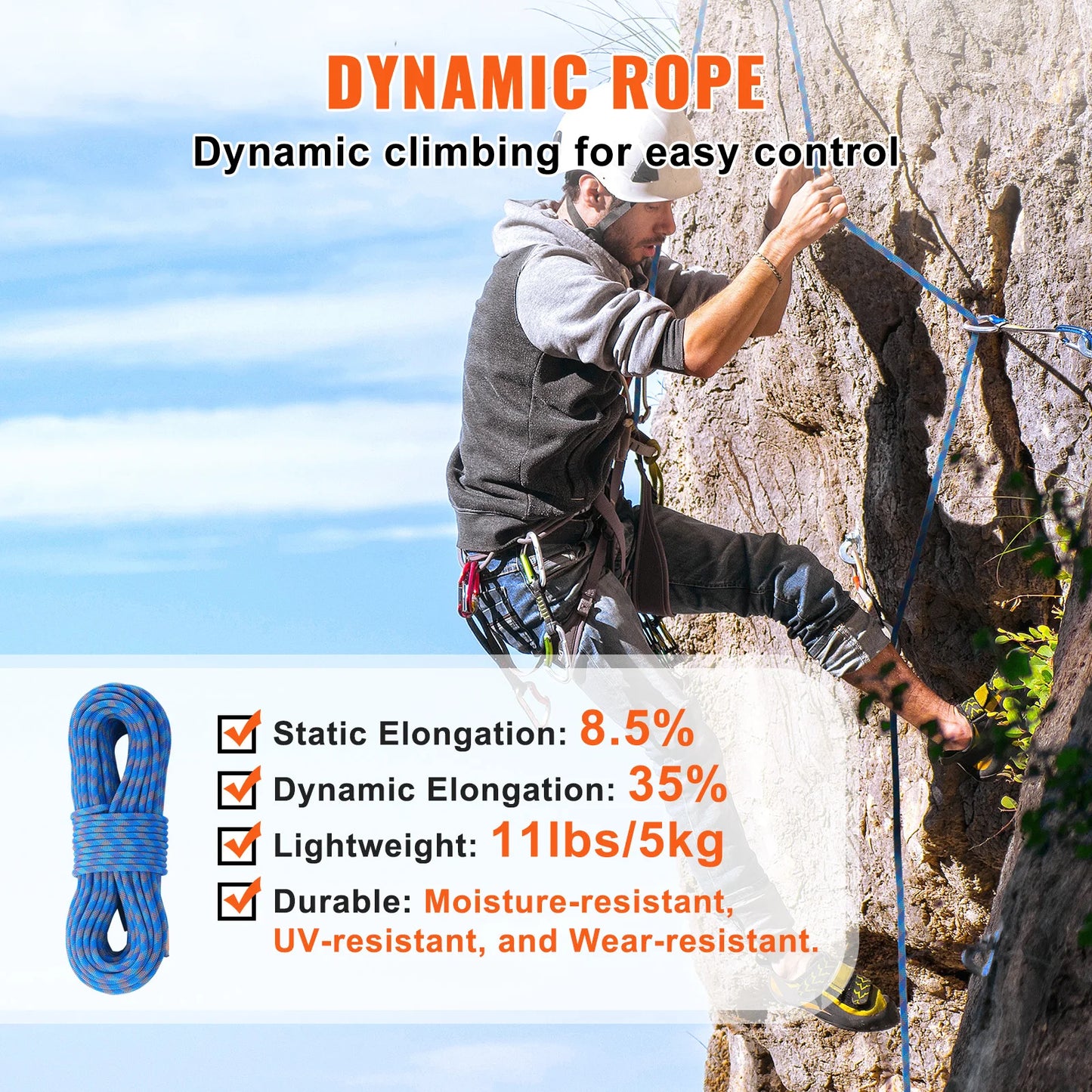 10.2mm Dynamic Climbing Rope 197ft with Hooks CE Certified Blue