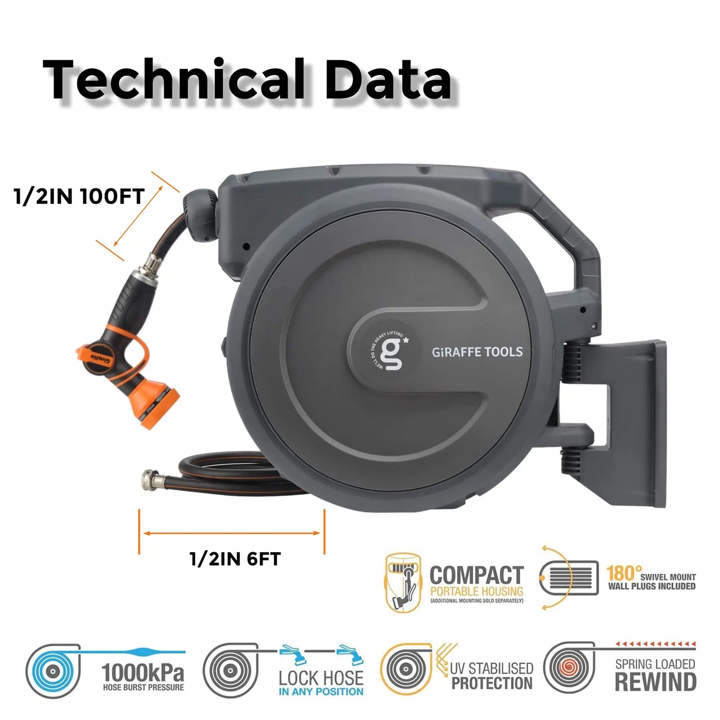 Garden Hose Reel Retractable 1/2 x 100 ft With Nozzle