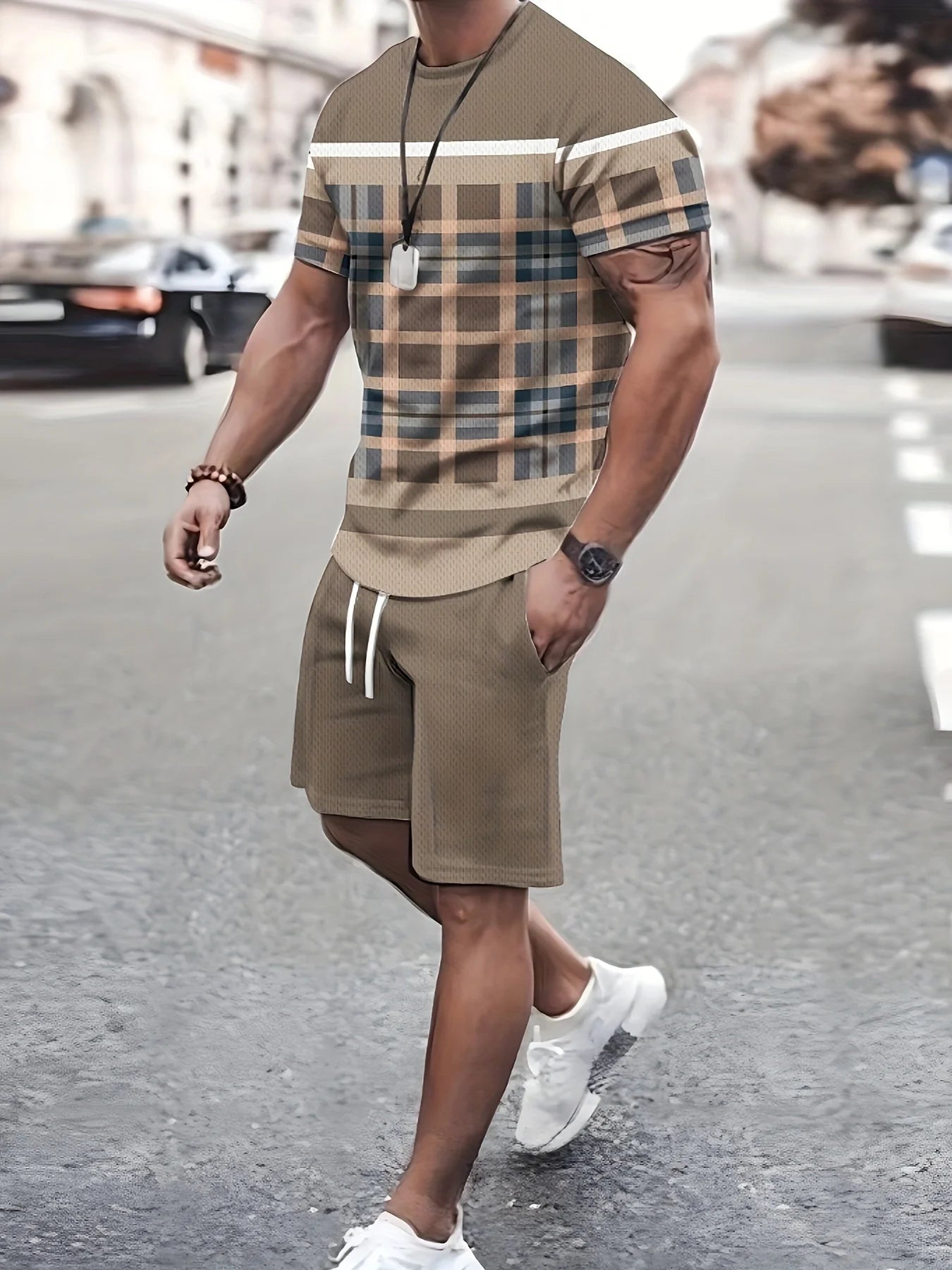Men's Shirt, Short-Sleeved Shorts Two-Piece Suit Set