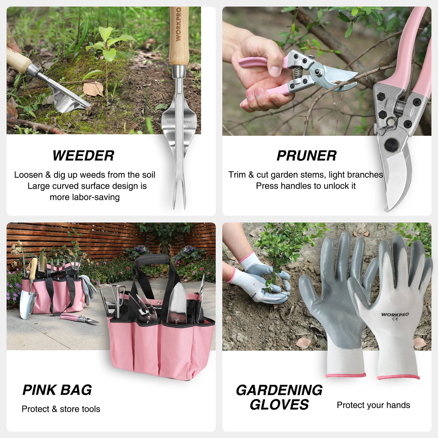 8-Piece Pink Garden Tool Set with Fork Spade Gloves
