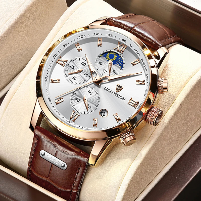 Men's Quartz Wristwatches Casual with Leather Band and Chronograph