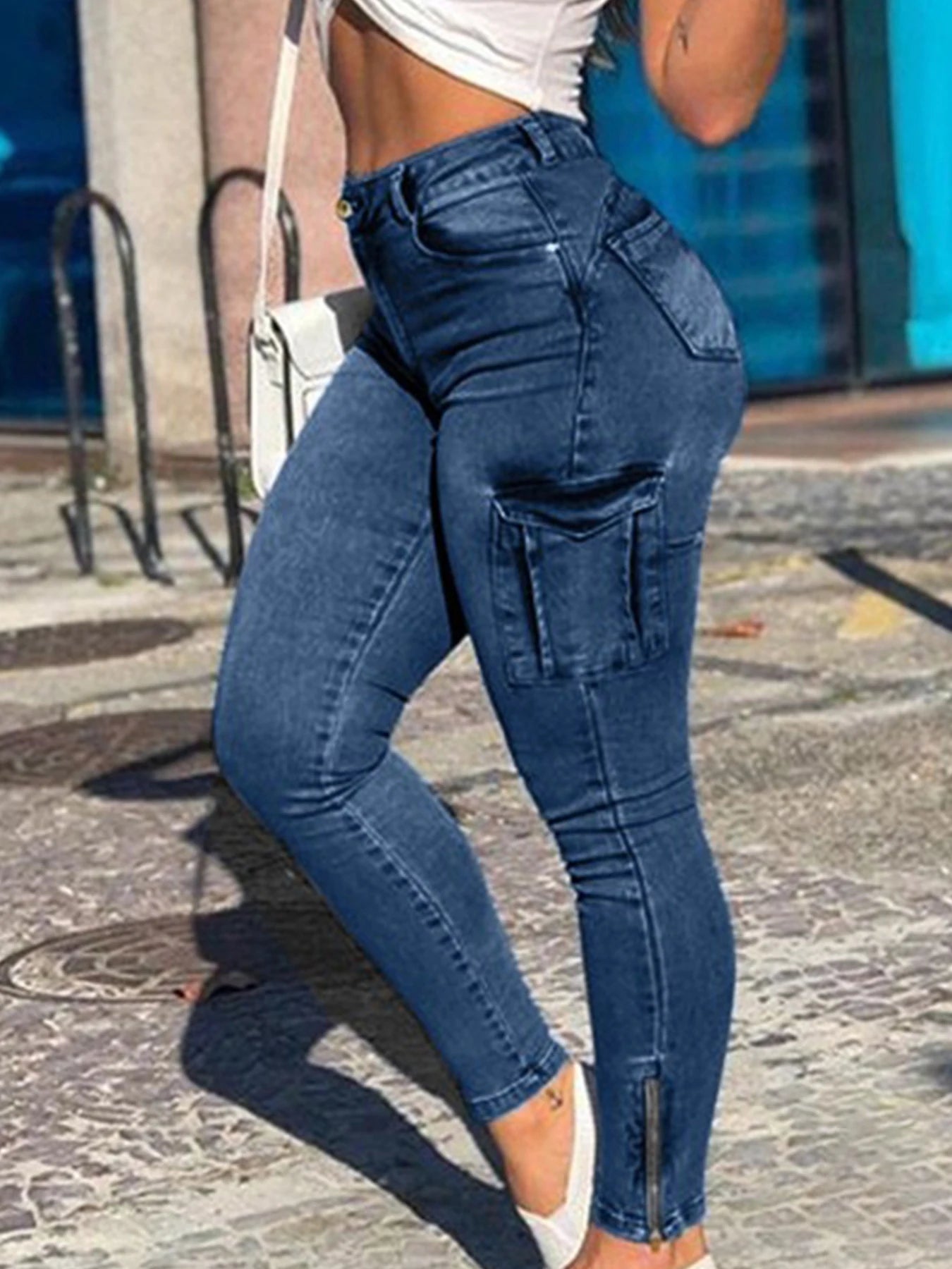 Women's Elastic Mid Waist Zipper Tight Cargo Jeans Ankle Length Pants