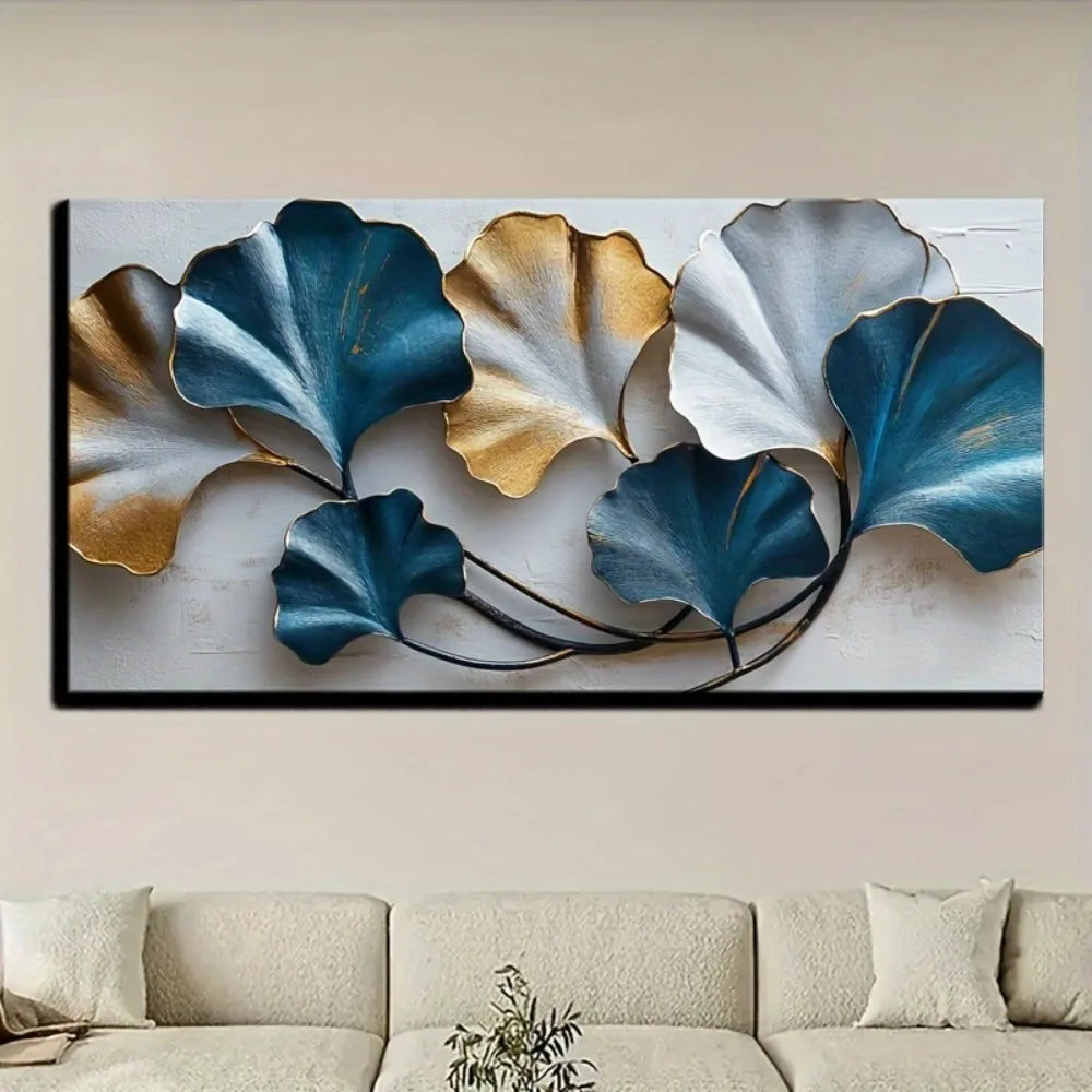 Blue And Yellow Leaf Canvas Wall Art