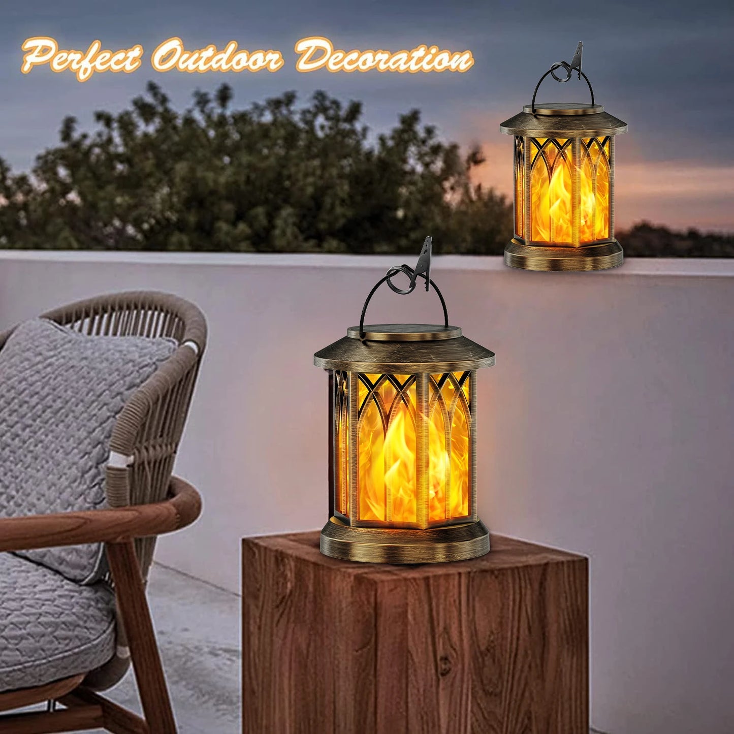 2 Pack Flickering Flame Solar Lanterns Outdoor Solar Lawn and Hanging Lights for Yard Patio Walkway and Driveway