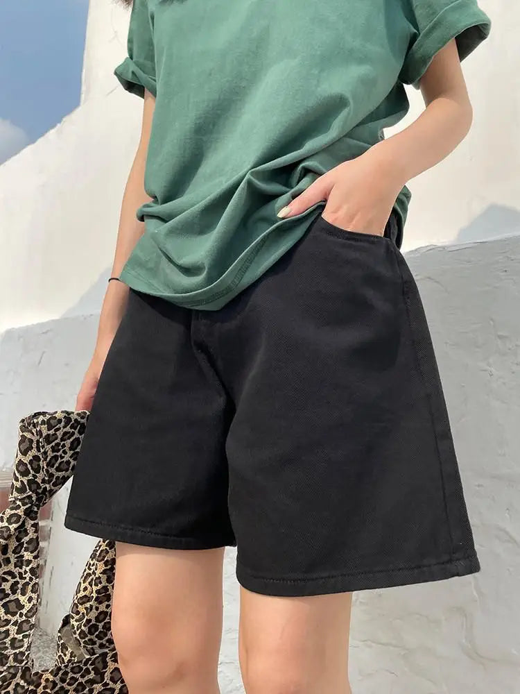 Womens High Waist Denim Shorts Loose Fit Button Fly Available in Pink Light Blue Black and White