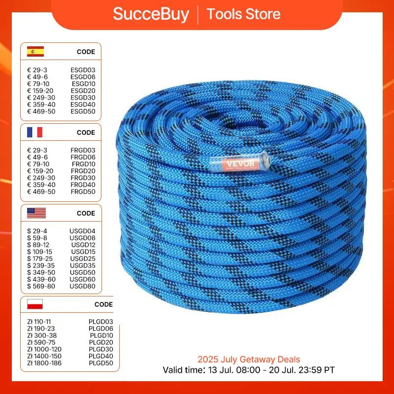 12.7mm Static Climbing Rope with Snap Hooks Blue CE Certified 32 kN Break Strength