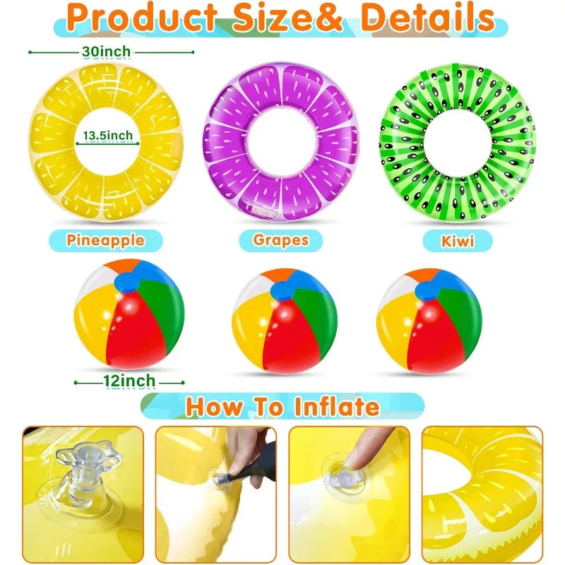6 Pack Inflatable Kids Pool Floats with Kiwi Pineapple Grape Floats and Rainbow Beach Balls
