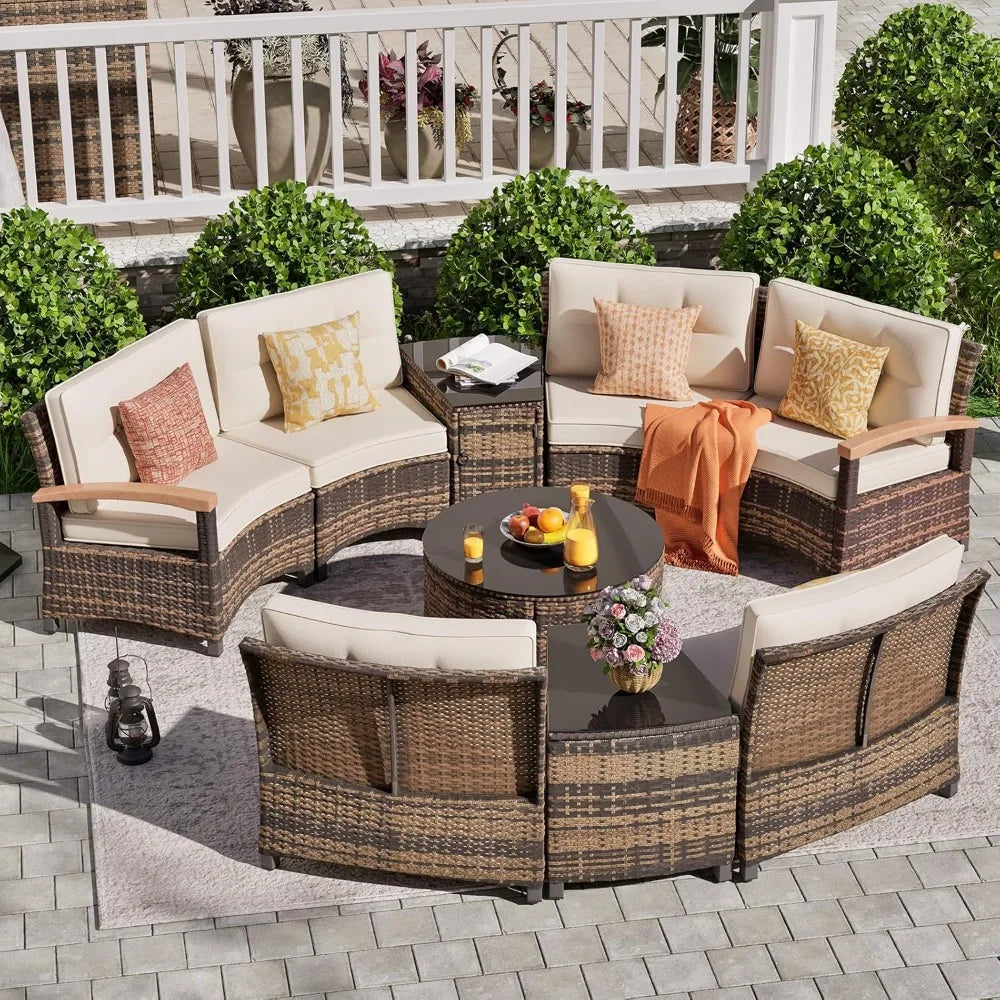 9 Piece Outdoor Patio Furniture Set with Unique Half Moon Design for Garden