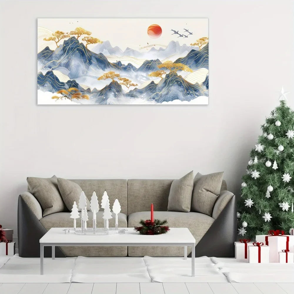 An Art Deco Modern Canvas Wall Art Foggy Blue Mountains