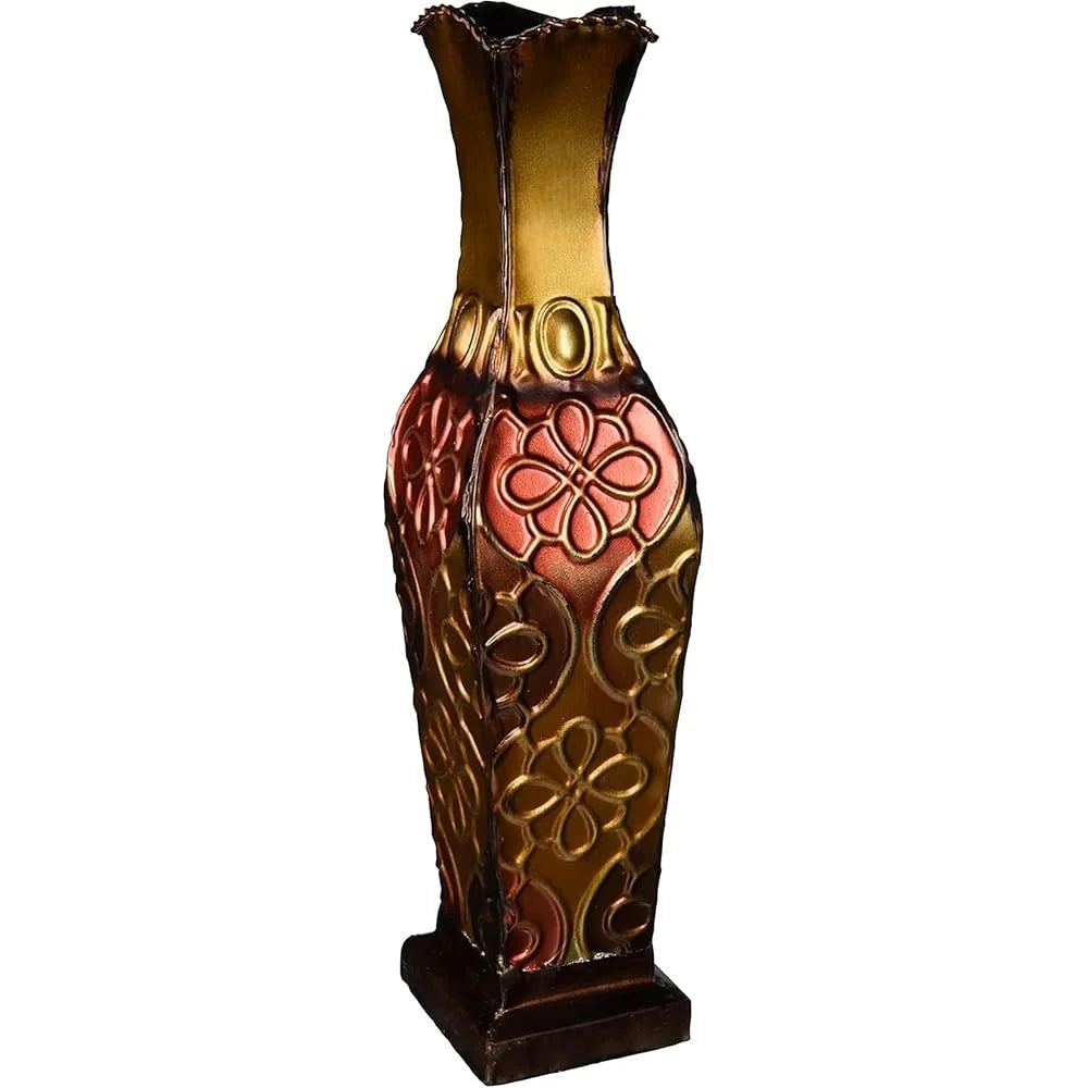 Modern Embossed Decorative Metal Vase with Curved Silhouette and Distressed Gold Finish