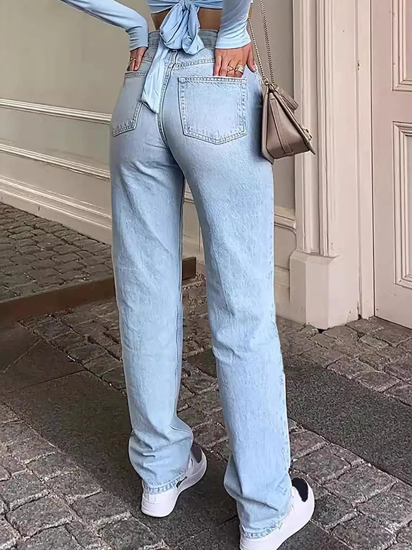 New Women's Light Blue Washed Straight Leg Jeans with Zipper Fly and Pockets