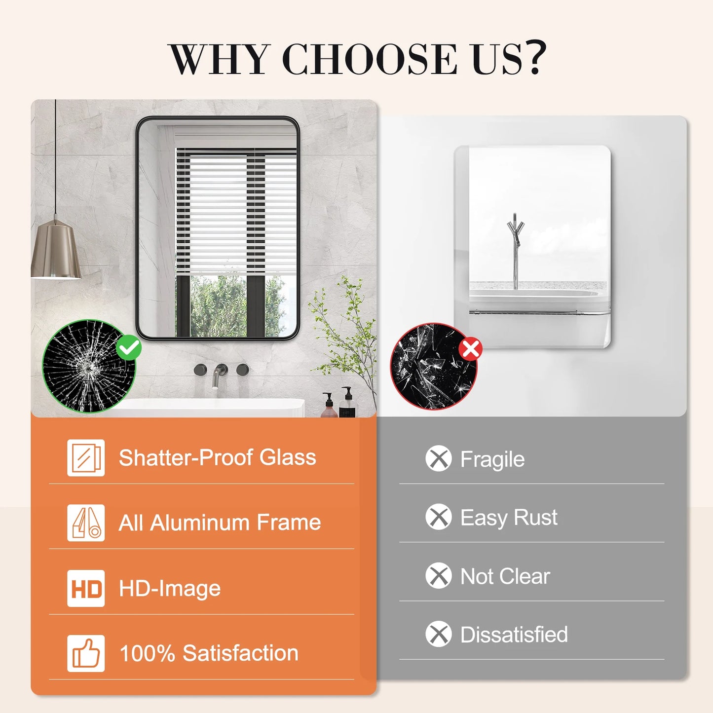 Matte Metal Framed Bathroom Mirror for Wall Vanity Modern
