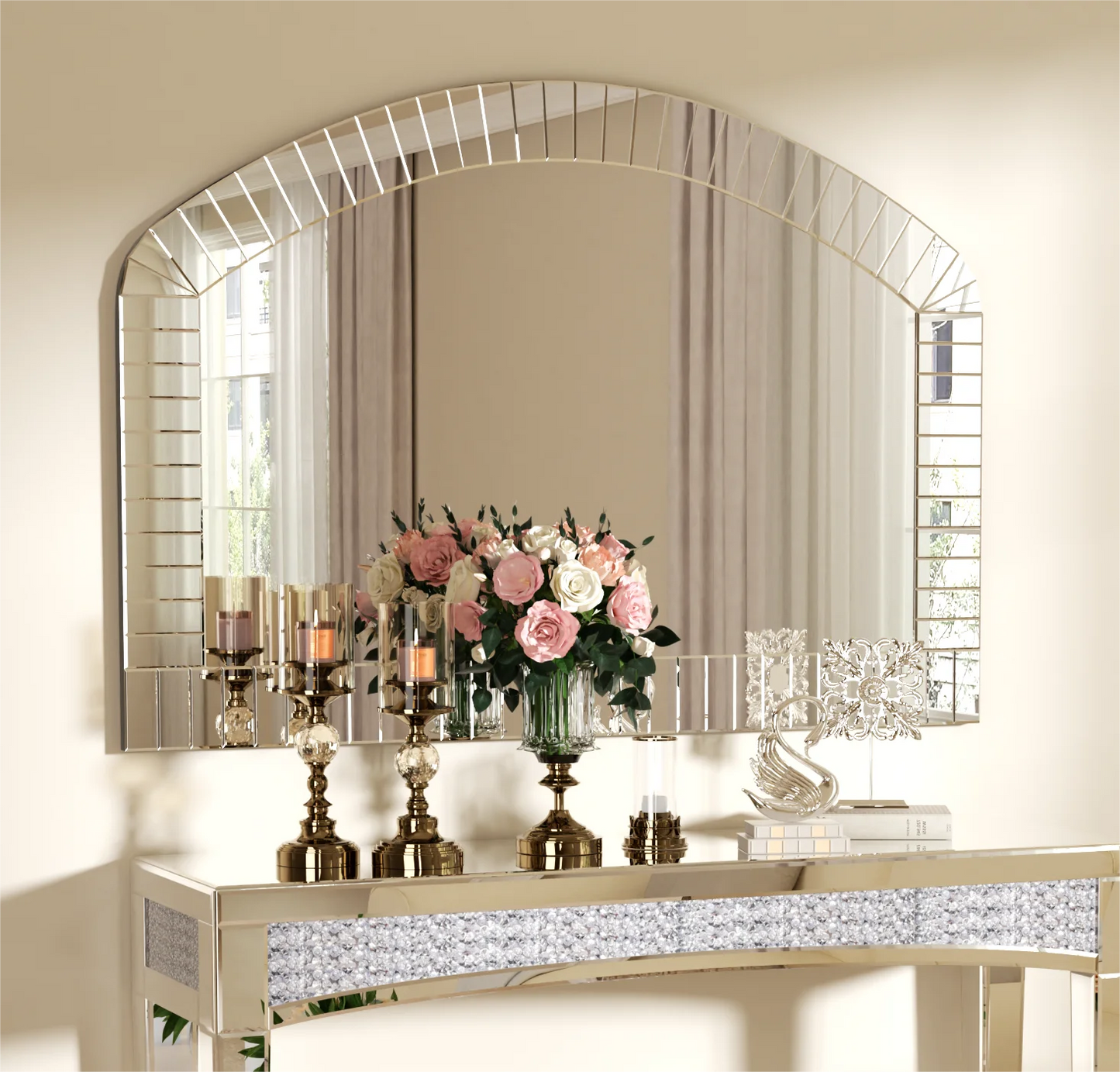 Large Silver Arched Wall Mirror Beveled Edge Glass Float