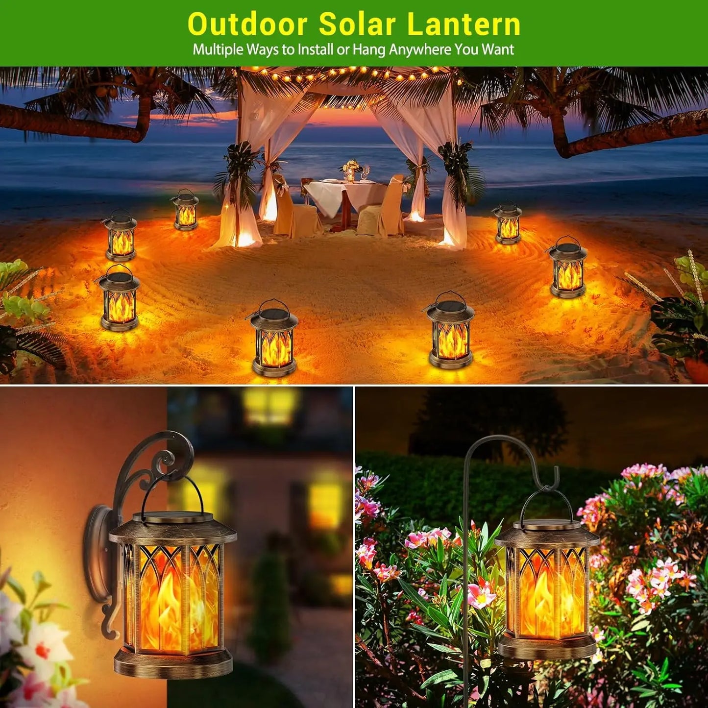 2 Pack Flickering Flame Solar Lanterns Outdoor Solar Lawn and Hanging Lights for Yard Patio Walkway and Driveway