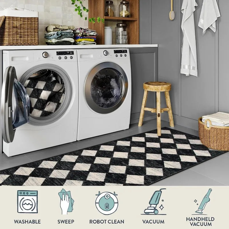 Washable Black And White Kitchen Runner Rug Faux Wool 2 Feet By 5 Feet