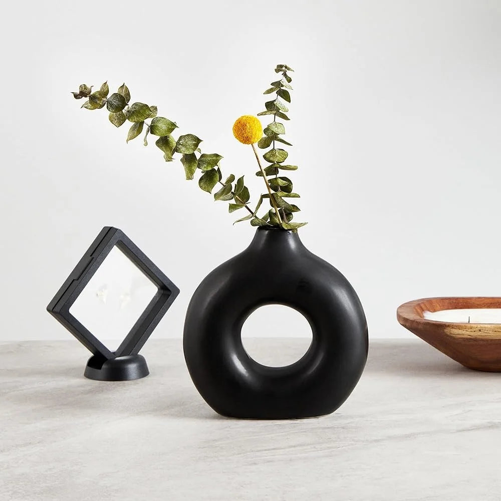 Donut Flower Vase Black Ceramic Modern Style Decorative Centerpiece