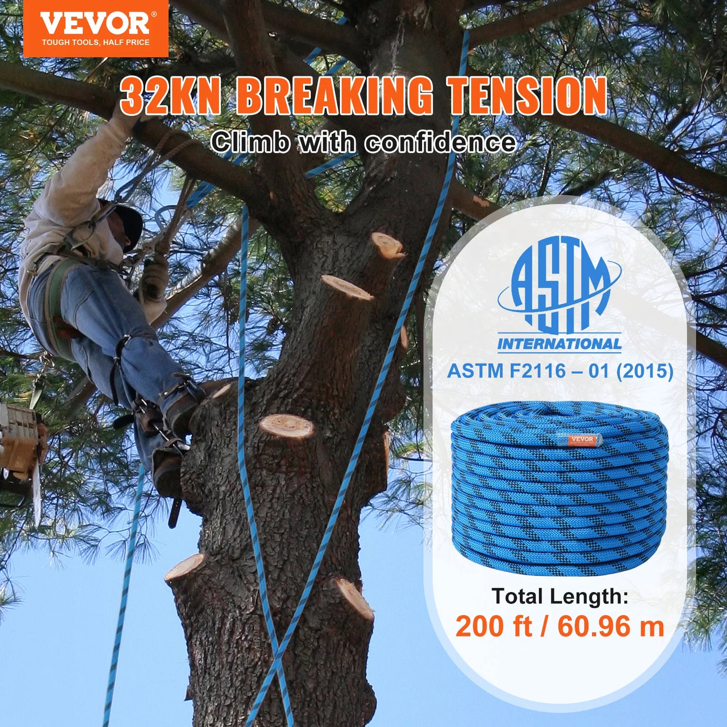 12.7mm Static Climbing Rope with Snap Hooks Blue CE Certified 32 kN Break Strength