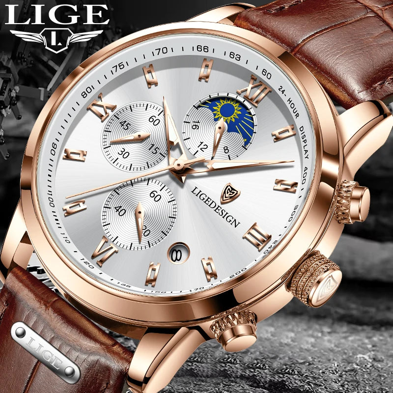 Men's Quartz Wristwatches Casual with Leather Band and Chronograph