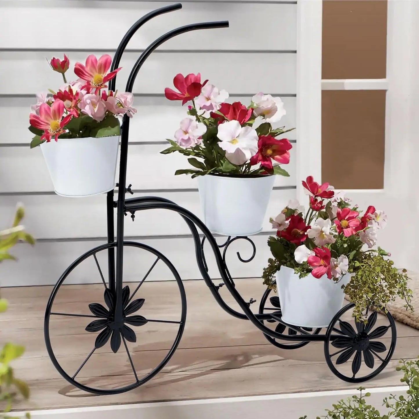 Bicycle Planter Stand with Three Removable Bucket Pots for Outdoor Garden Decor