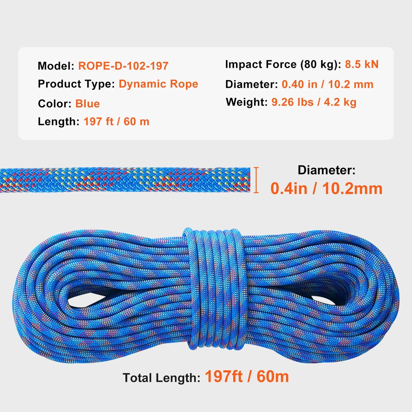 10.2mm Dynamic Climbing Rope 197ft with Hooks CE Certified Blue