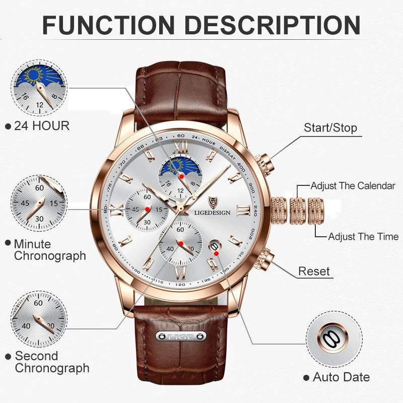 Men's Quartz Wristwatches Casual with Leather Band and Chronograph