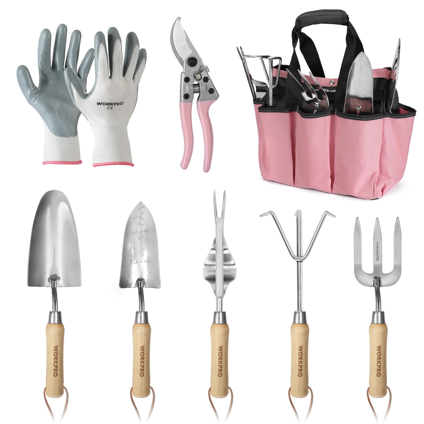 8-Piece Pink Garden Tool Set with Fork Spade Gloves