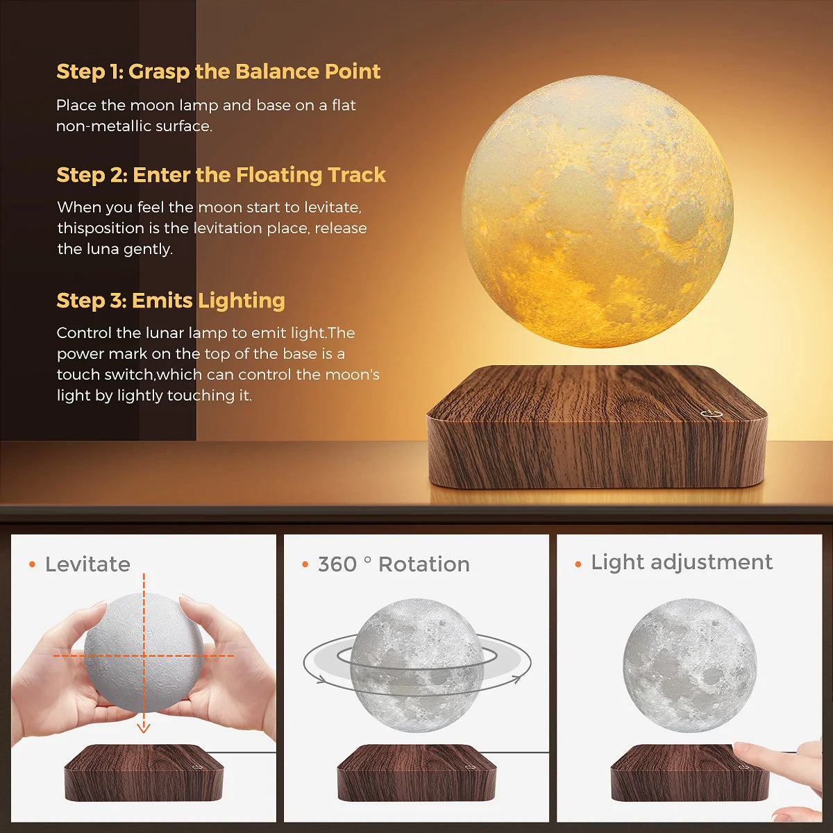 Magnetic Floating Rotating Moon Lamp Night Light with LED Bulbs