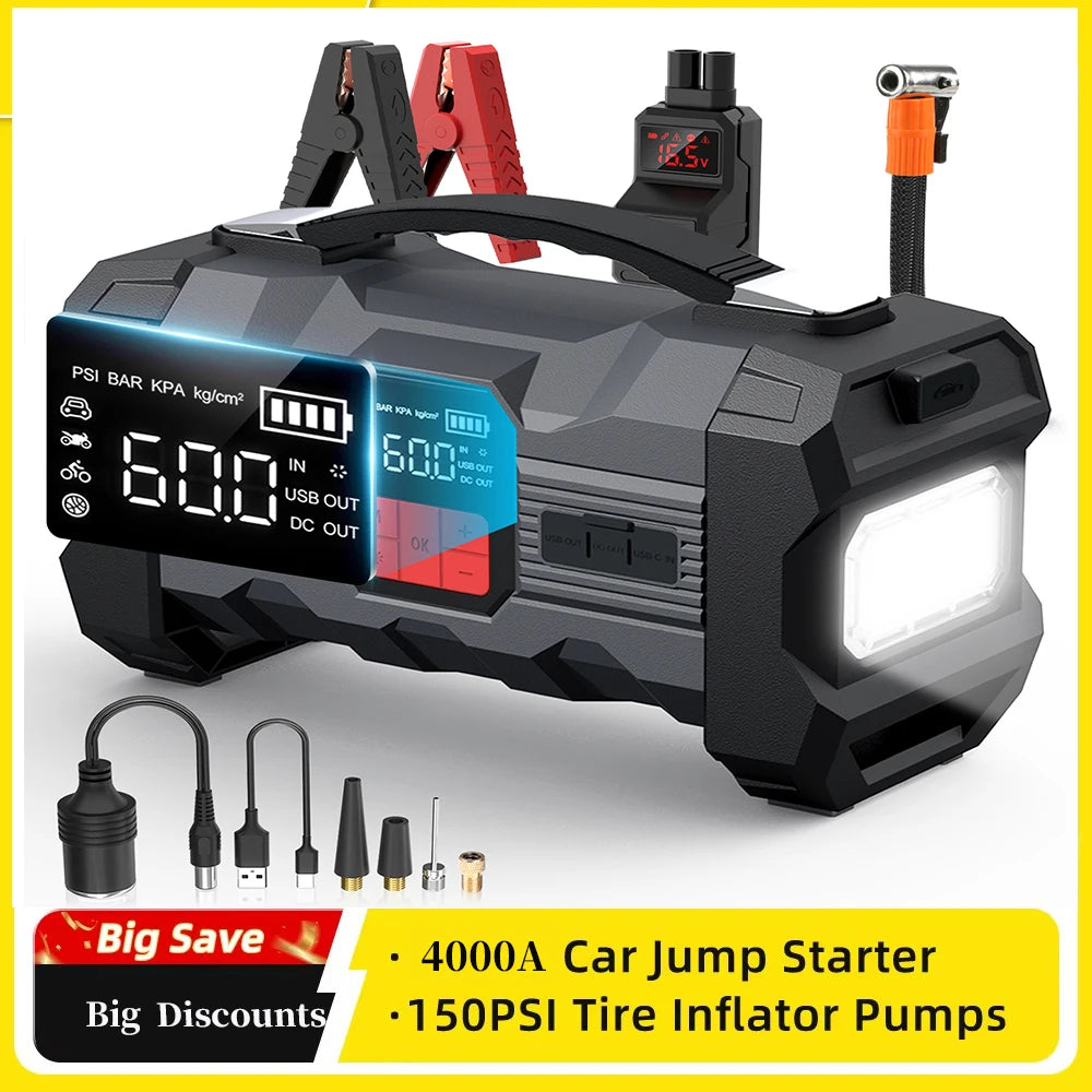 Car Jump Starter and Digital Tire Inflator with 20000-30000 mAh Battery Capacity and Peak Current Over 1200 A