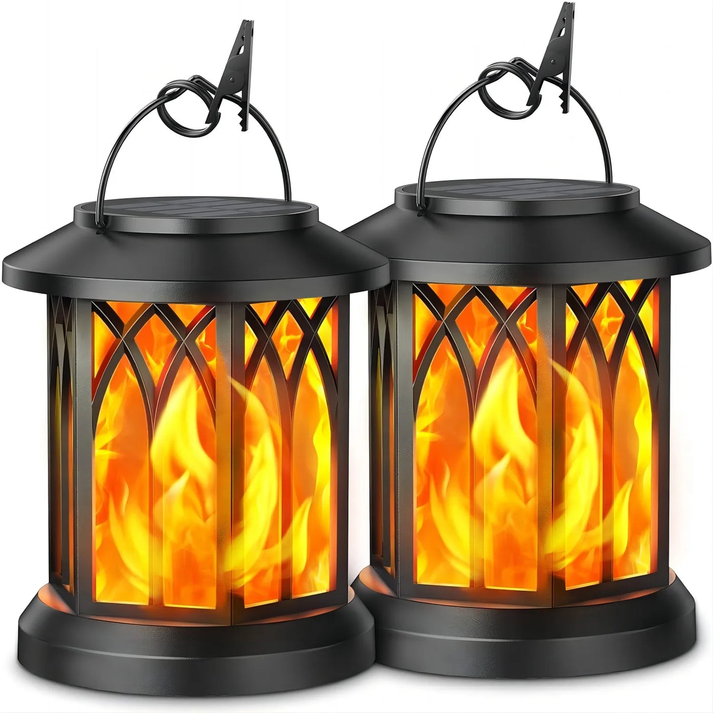 2 Pack Flickering Flame Solar Lanterns Outdoor Solar Lawn and Hanging Lights for Yard Patio Walkway and Driveway