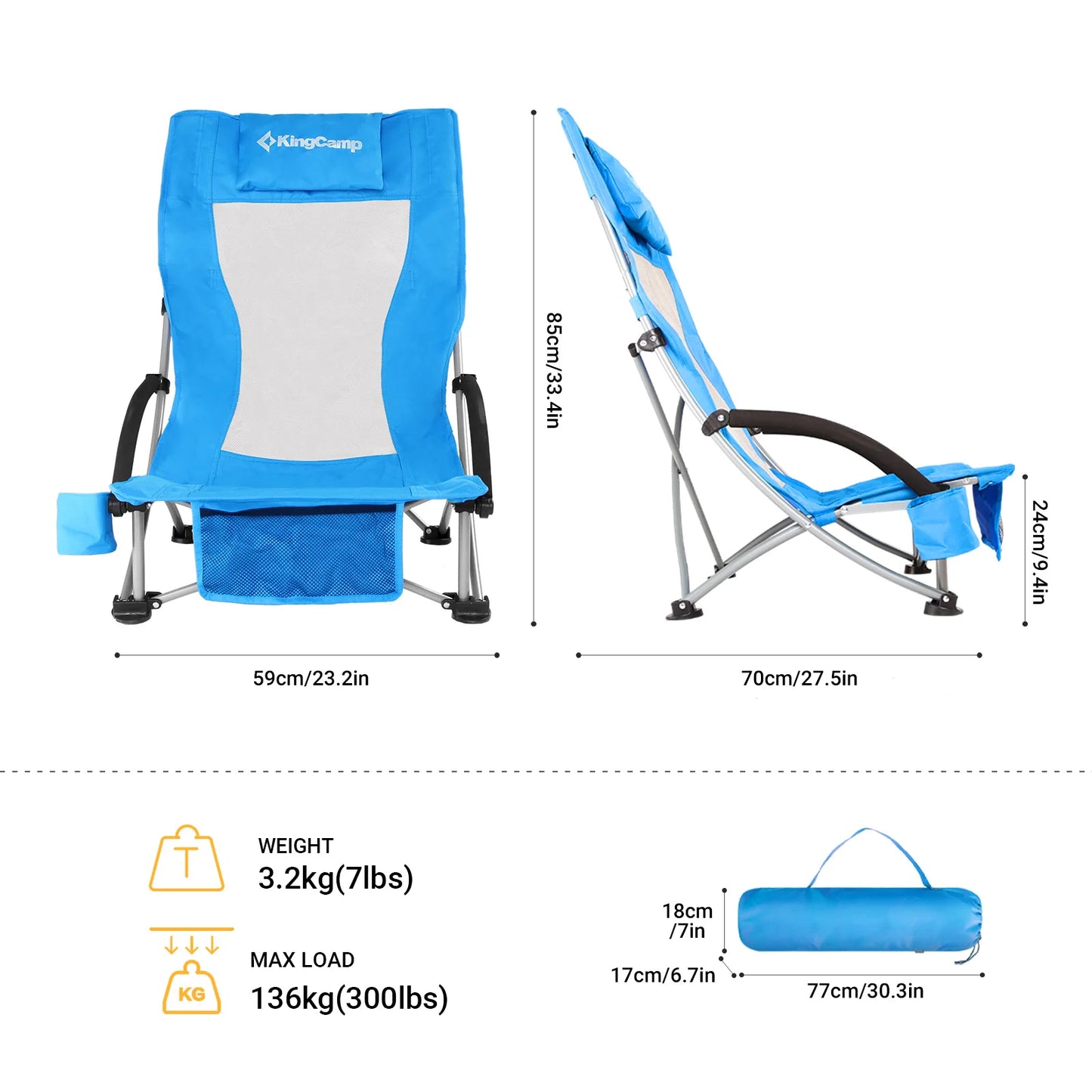 High Back Beach Chair Carbon Steel Netting Foldable Design