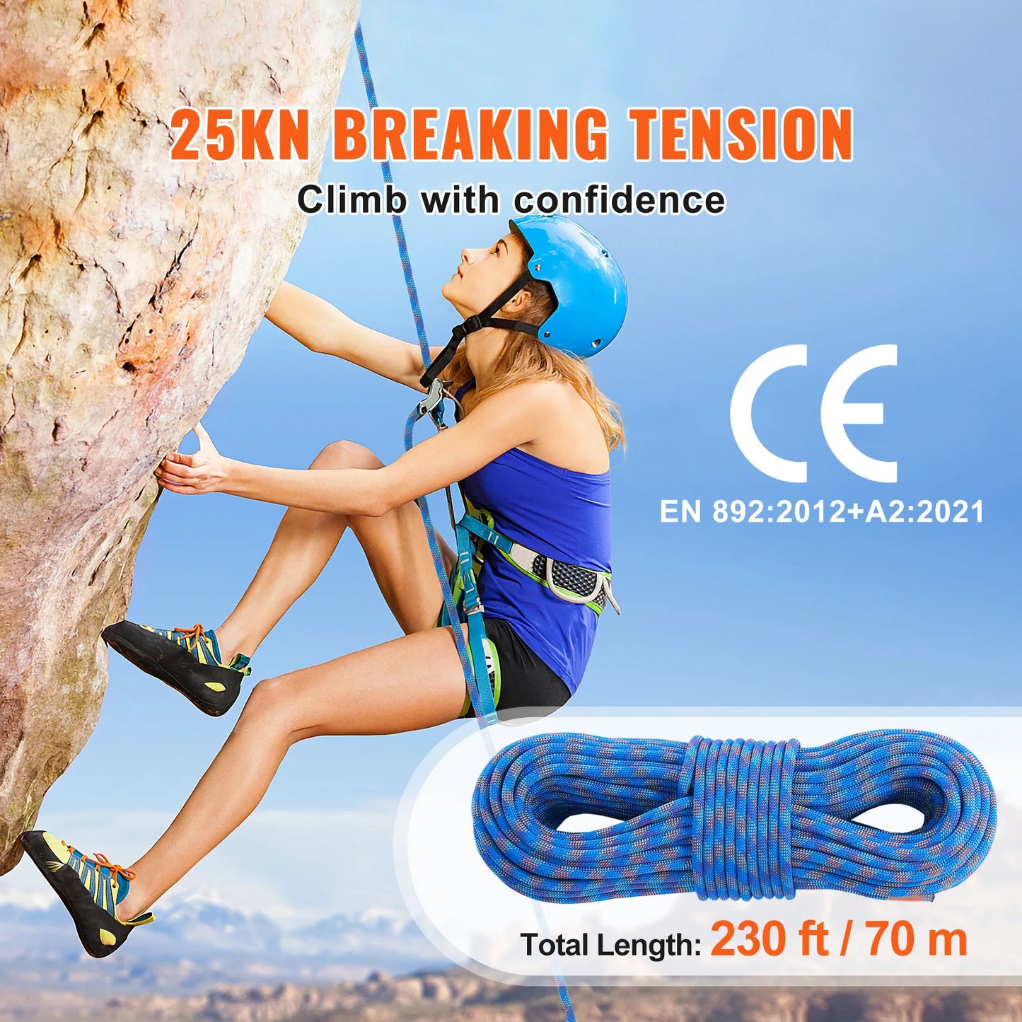 10.2mm Dynamic Climbing Rope 197ft with Hooks CE Certified Blue
