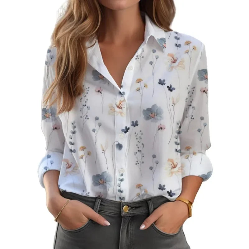 Plus Size Women Loose Shirts with Polo Collar and Printing
