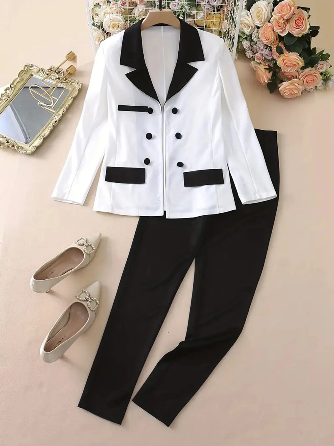 Women's Business Casual Two-Piece Suit Set Double Breasted Slim Fit Pant Suit