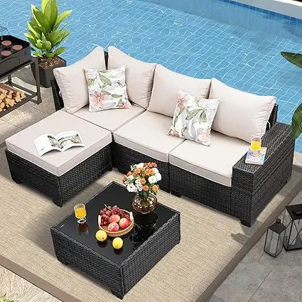 5 Pieces Outdoor Peacock L Shape Patio Furniture Set by SunloungeCo