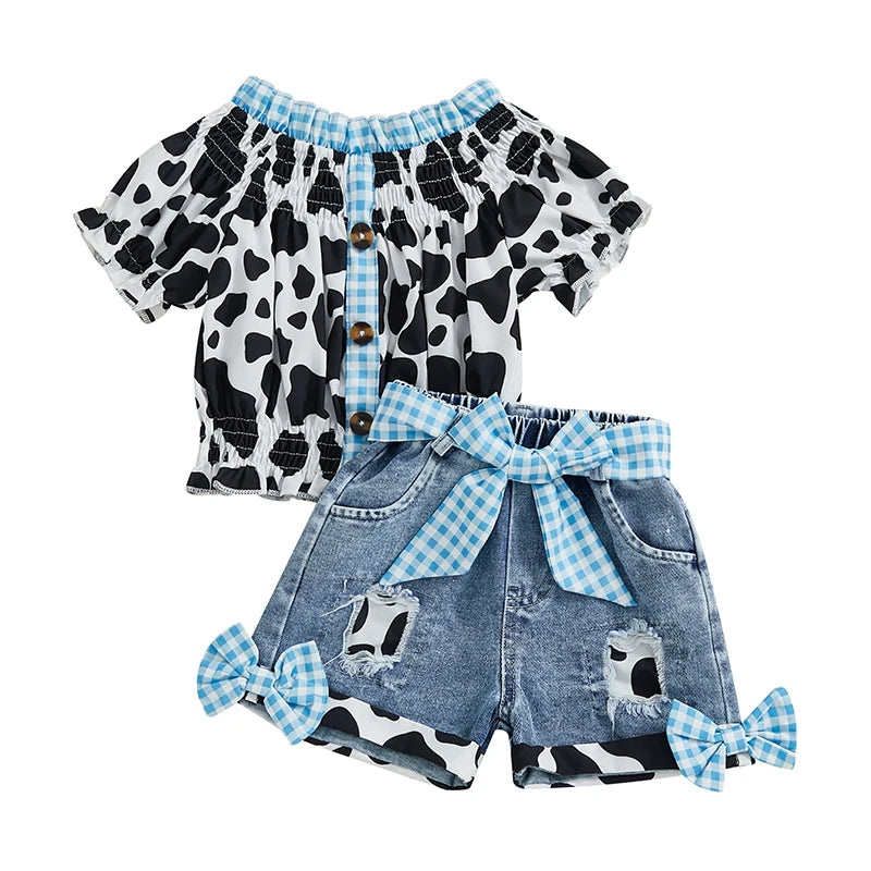 Girls Summer Outfit Cow Print T-Shirt and Denim Shorts Set