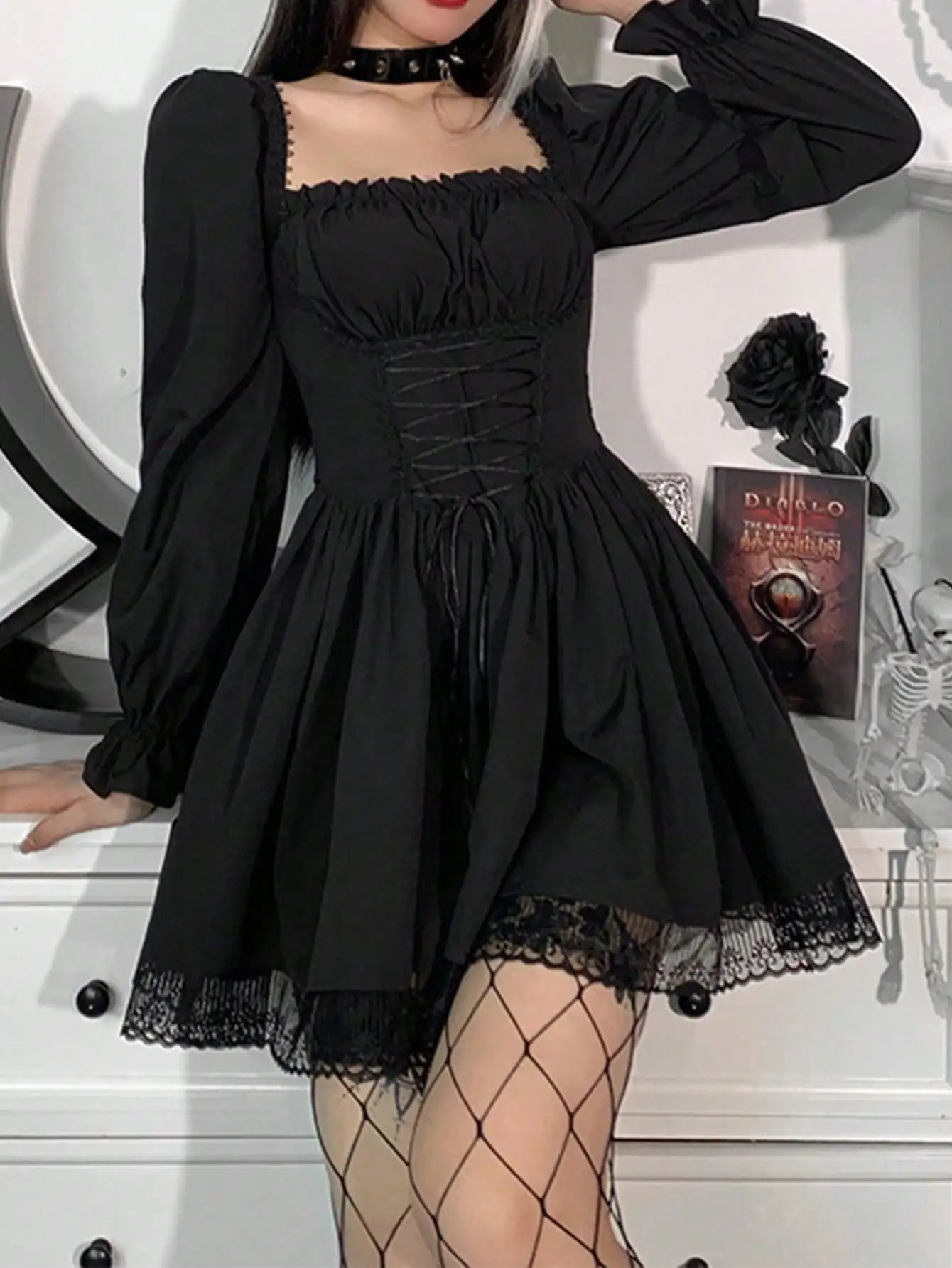 Women's Gothic Dress Vintage Lace Ankle Length Black Non Woven