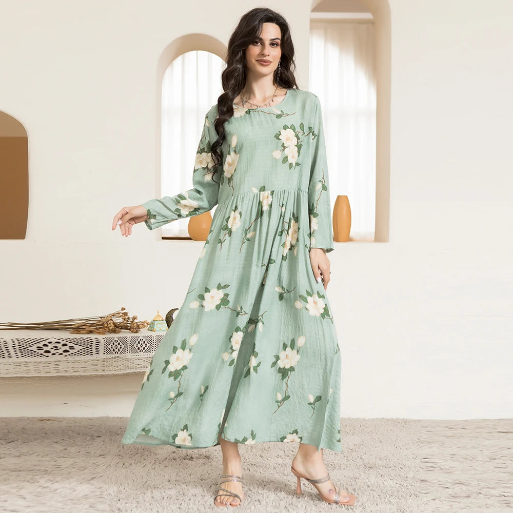 Casual Round Neck Floral Print Wrinkle Spliced Long Dress Mint Green