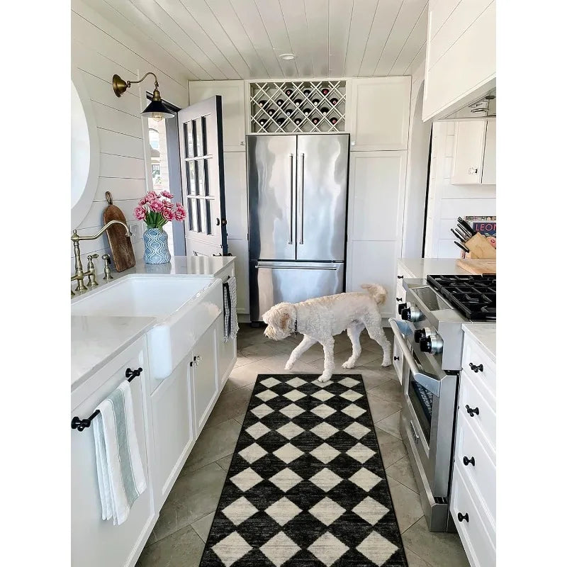 Washable Black And White Kitchen Runner Rug Faux Wool 2 Feet By 5 Feet
