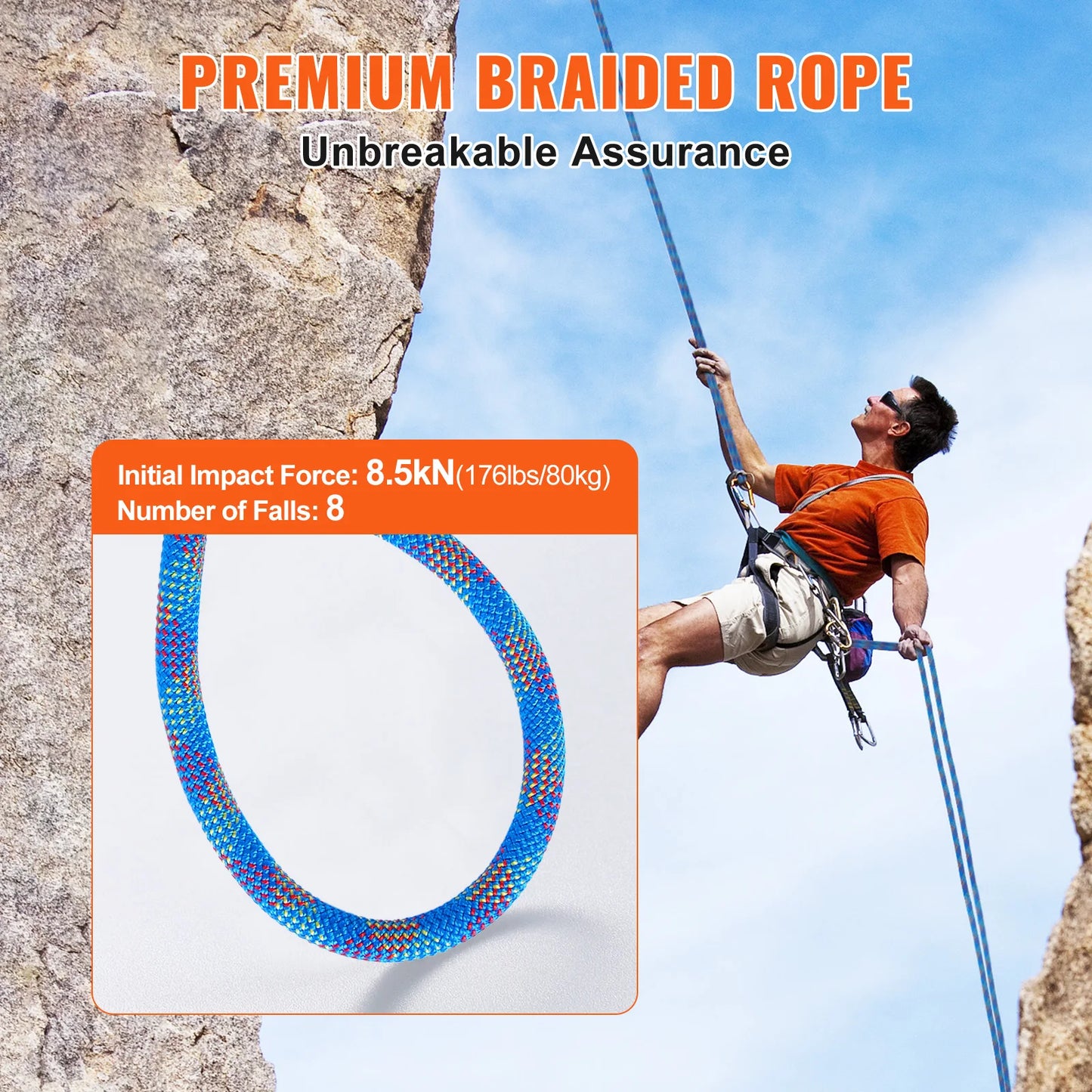 10.2mm Dynamic Climbing Rope 197ft with Hooks CE Certified Blue
