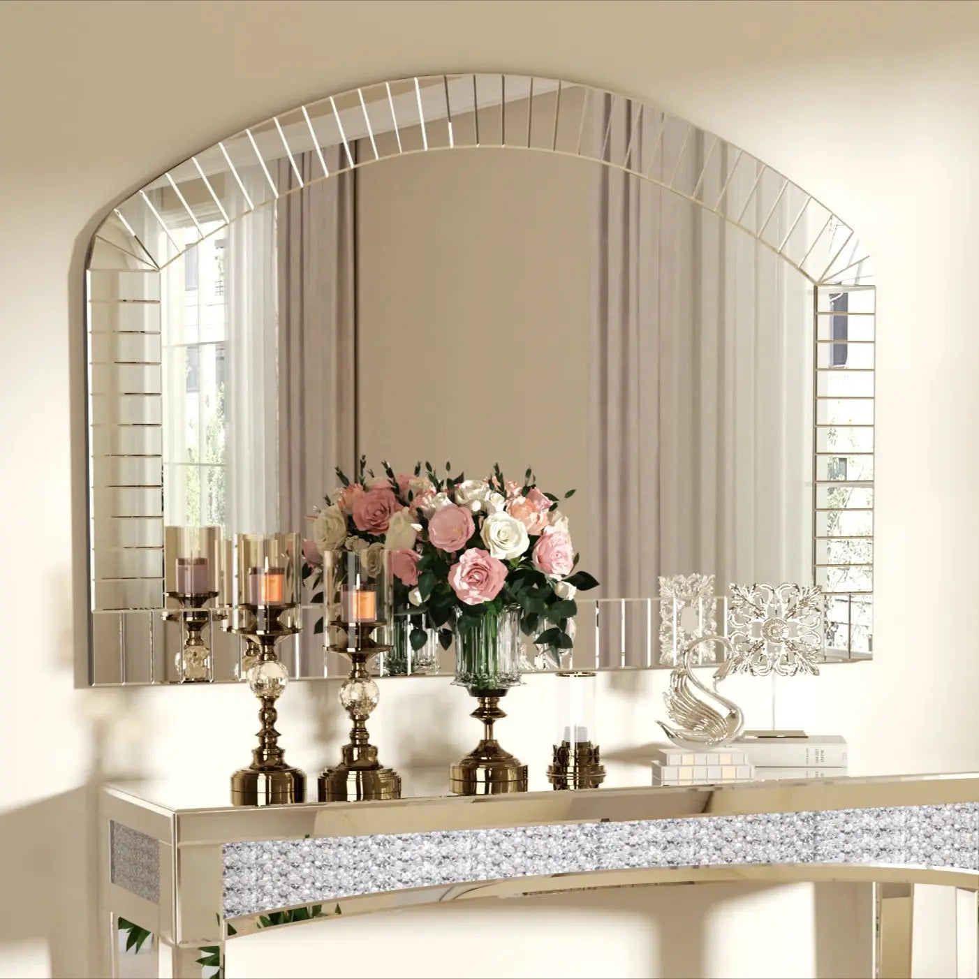 Large Silver Arched Wall Mirror Beveled Edge Glass Float