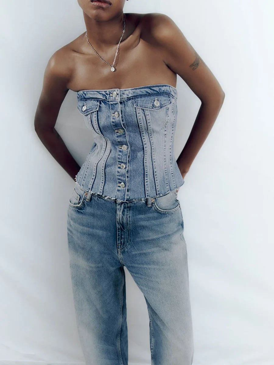 Women's Fitted Tube Top Denim Velvet Crop Top