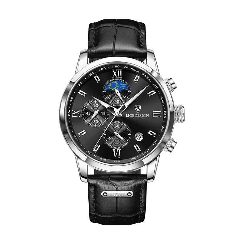 Men's Quartz Wristwatches Casual with Leather Band and Chronograph