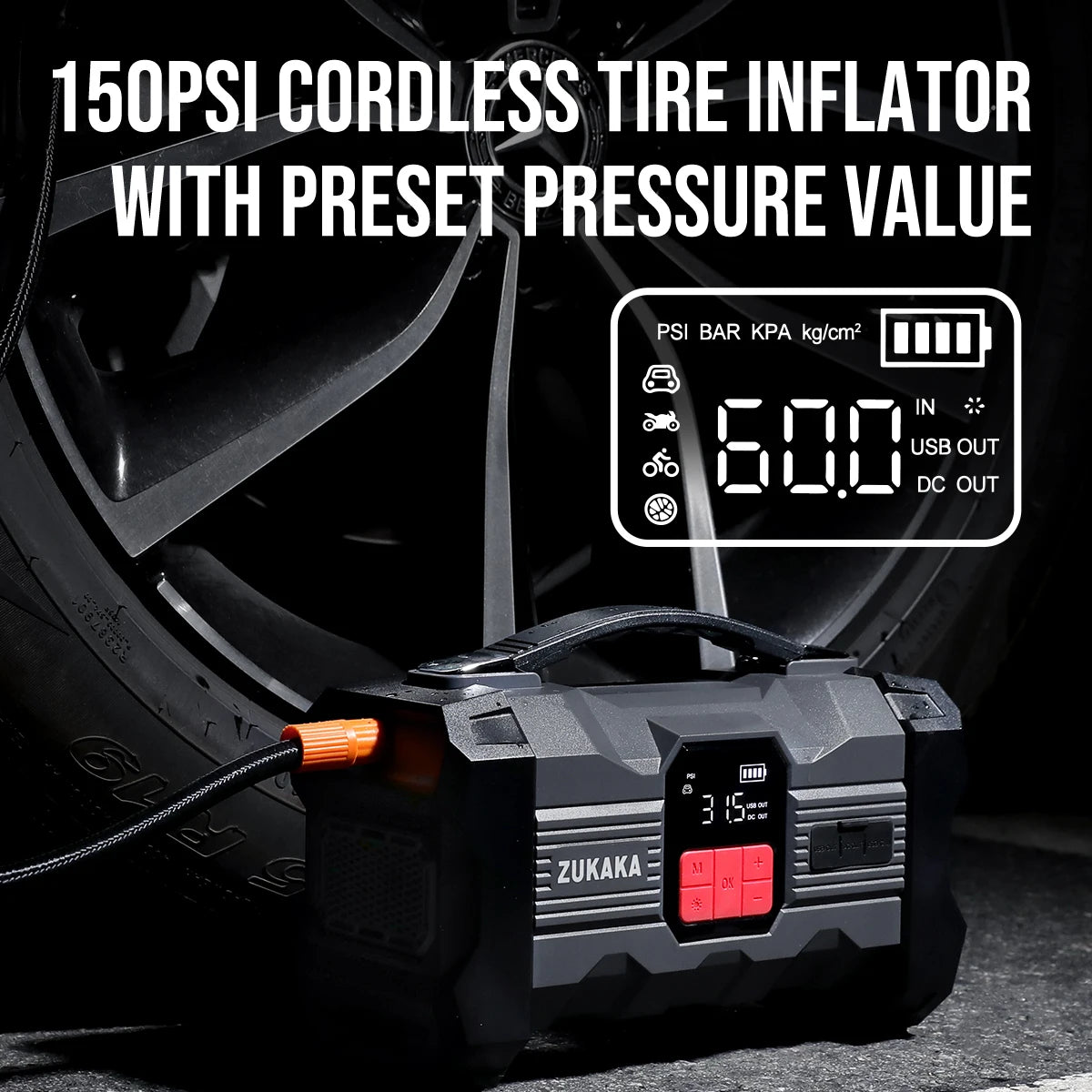 Car Jump Starter and Digital Tire Inflator with 20000-30000 mAh Battery Capacity and Peak Current Over 1200 A