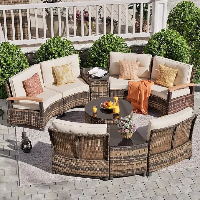 9 Piece Outdoor Patio Furniture Set with Unique Half Moon Design for Garden