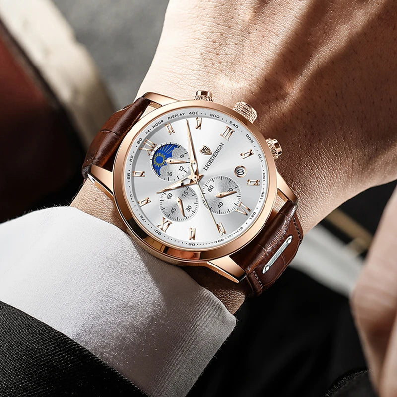 Men's Quartz Wristwatches Casual with Leather Band and Chronograph