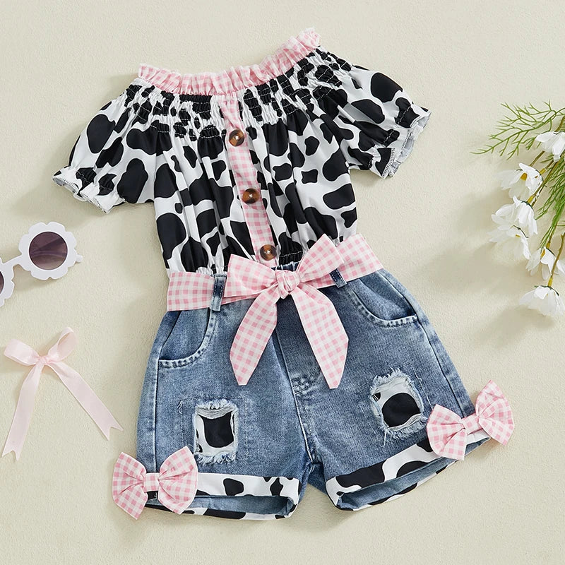 Girls Summer Outfit Cow Print T-Shirt and Denim Shorts Set