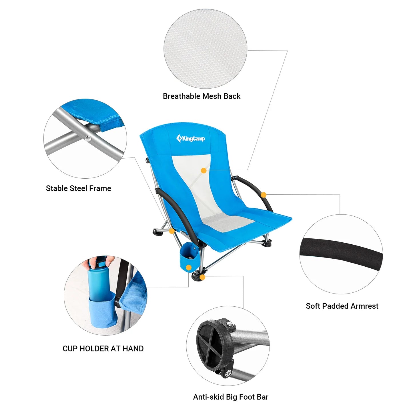 2 Low Seat Beach Folding Chairs with Carbon Steel Frame