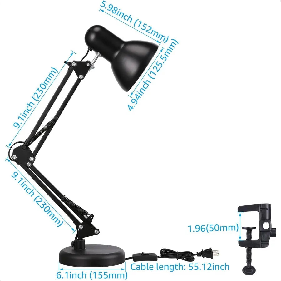 Metal Desk Lamp With Clamp Swing Arm Adjustable Brightness