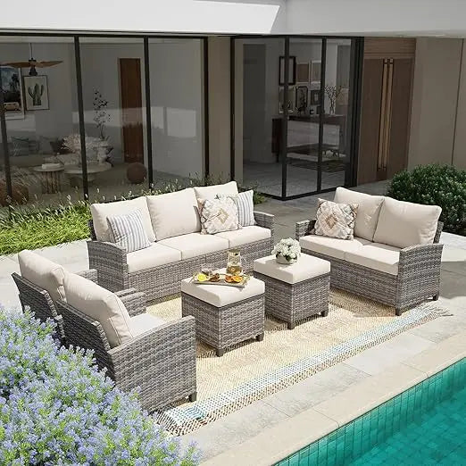 Modern Gray Rattan Wicker Patio Furniture Set for Outdoor Use